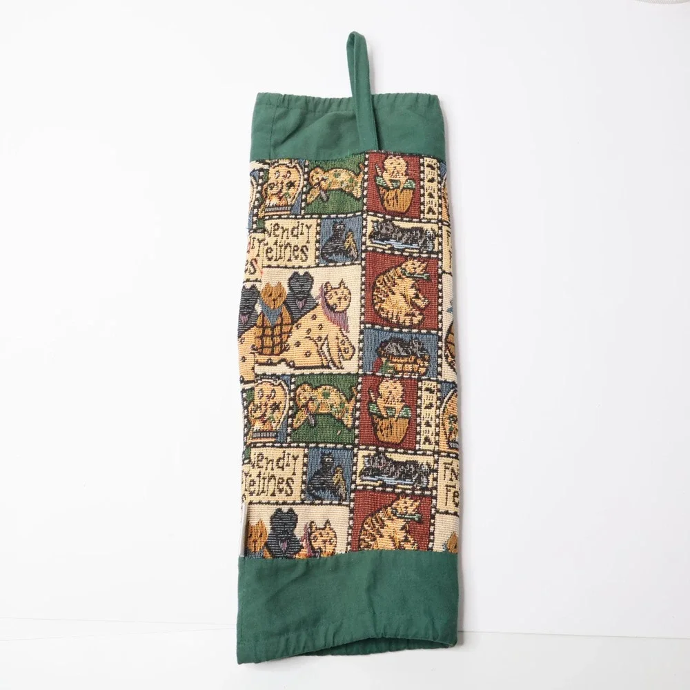 Sacsoc Friendly Felines Cat Tapestry‎ Plastic Bag Holder Green Vintage Organizer